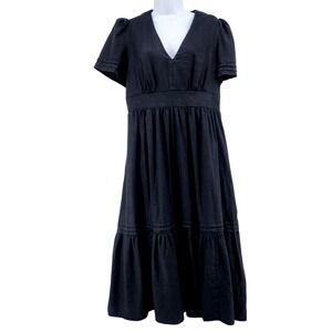 Boden 100% Linen Black Tiered Midi Dress V-Neck Smocked Waist Short Sleeve 10P
